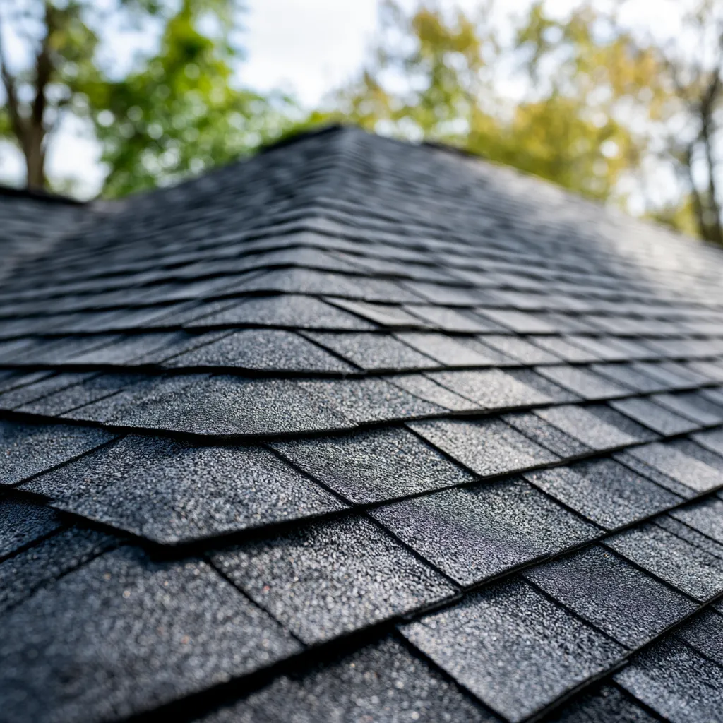 Blurred trees behind charcoal architectural shingles converging at a ridge