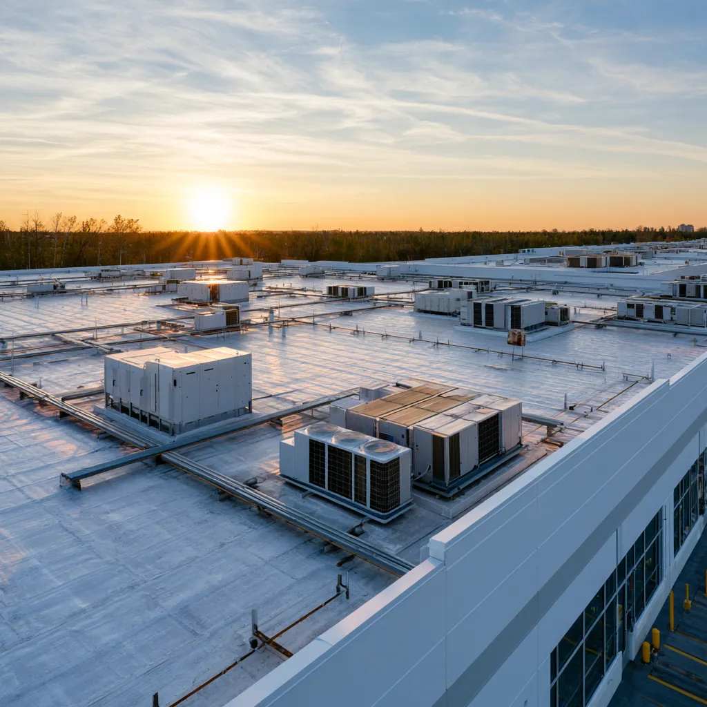 Mechanical units across a broad white commercial roof beneath a low sun