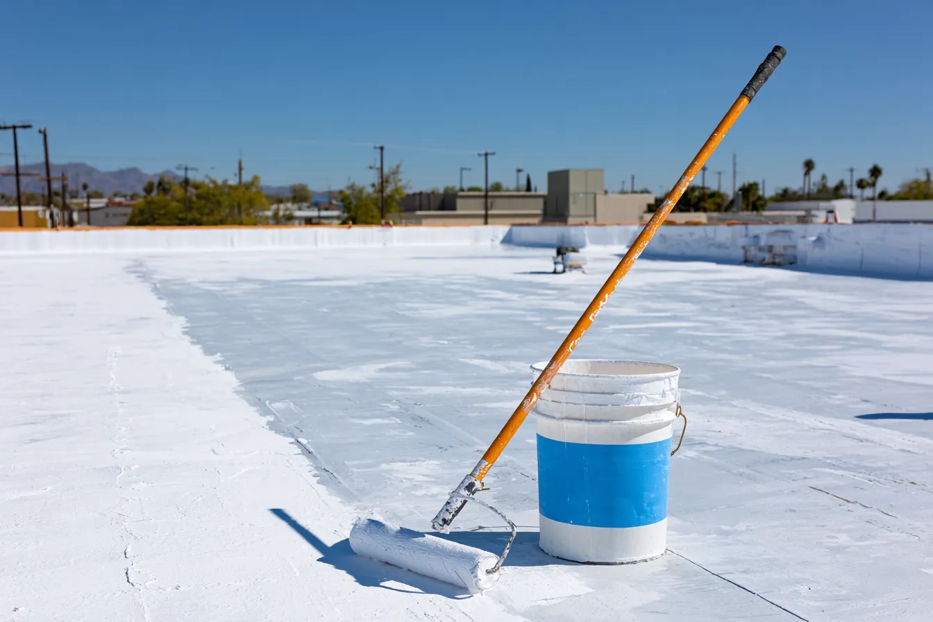 White coated rooftop with a coating bucket and roller nearby