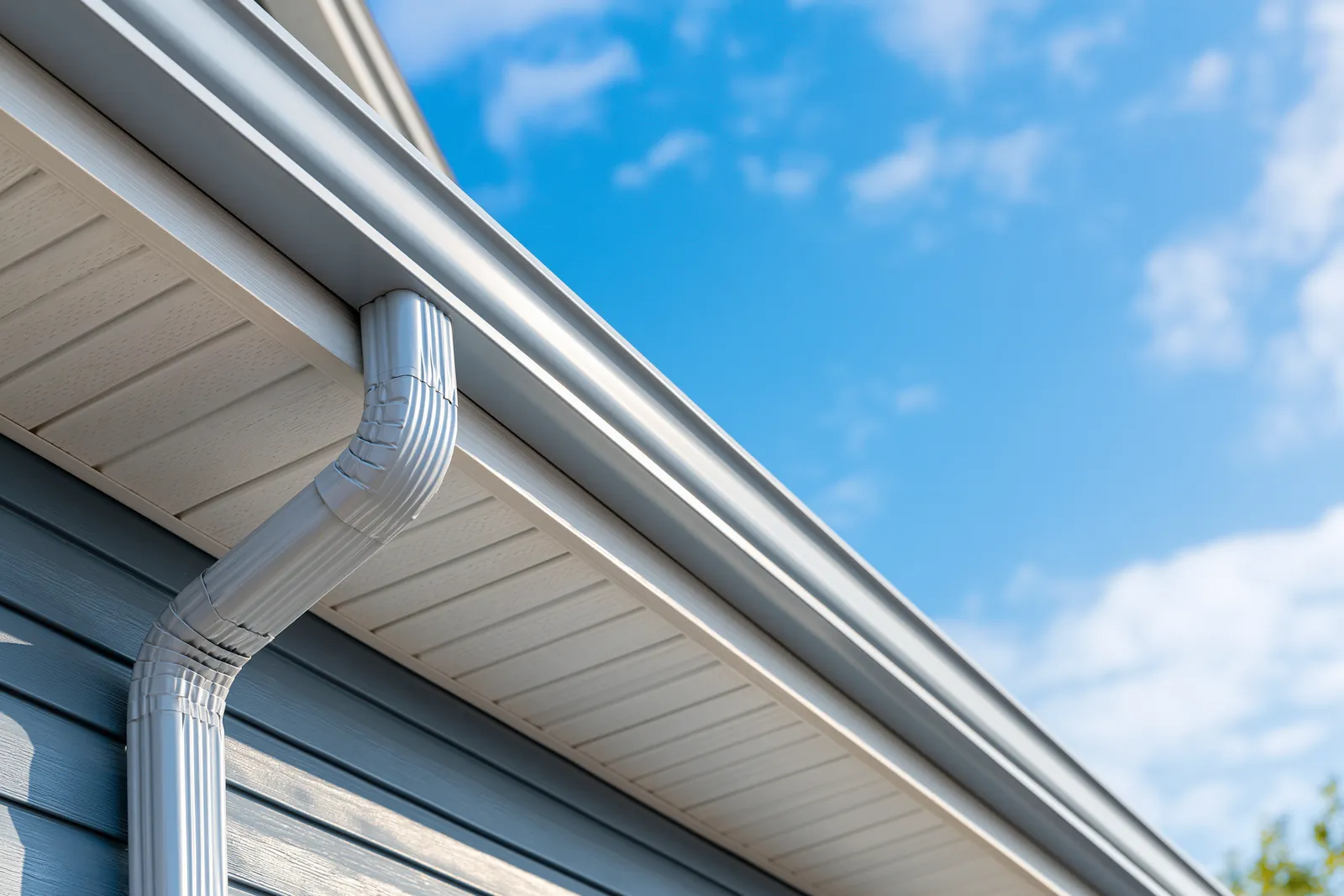 Gray lap siding behind a white gutter and ribbed downspout