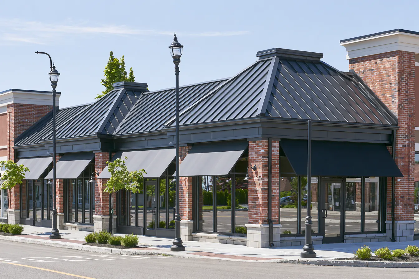 Street view of a metal-roofed retail strip