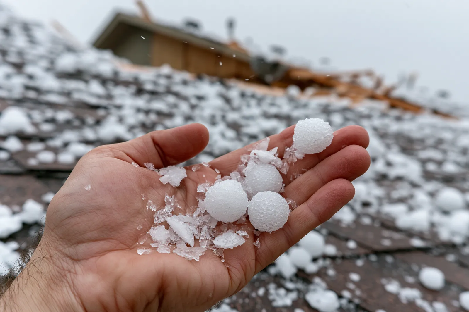 Above a roof stripped of its shingles a hand holds several hailstones